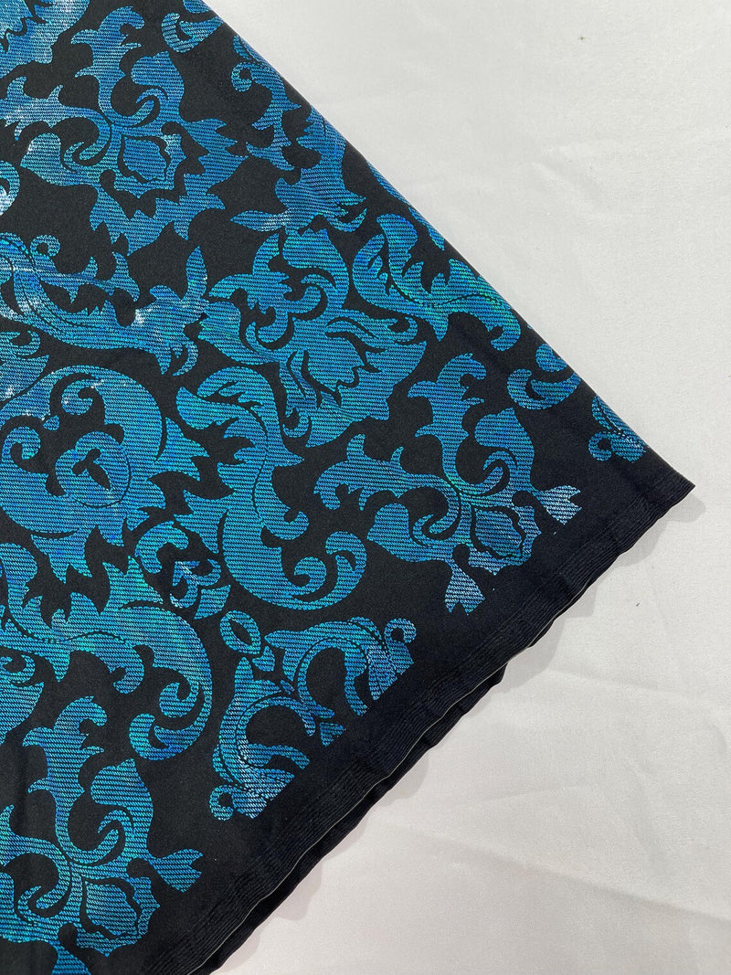 Metallic Damask Spandex - Turquoise / Black - Holographic Poly Spandex Stretch Damask Fabric By Yard