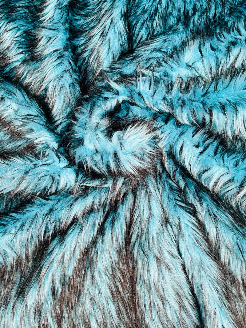 Husky Long Pile Fur Fabric - Turquoise - Faux Husky Fur Fabric 2 Tone Shaggy Fur By Yard