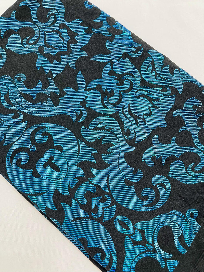 Metallic Damask Spandex - Turquoise / Black - Holographic Poly Spandex Stretch Damask Fabric By Yard