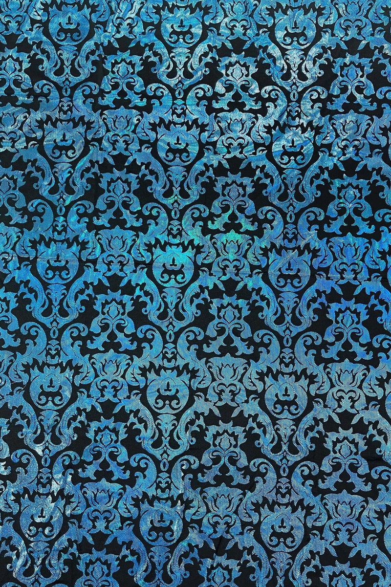 Metallic Damask Spandex - Turquoise / Black - Holographic Poly Spandex Stretch Damask Fabric By Yard