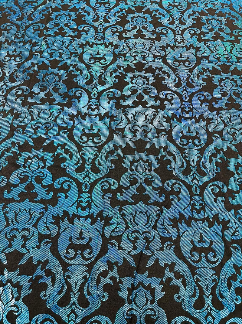 Metallic Damask Spandex - Turquoise / Black - Holographic Poly Spandex Stretch Damask Fabric By Yard