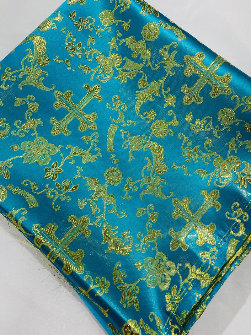 58/60" Cross Print Brocade Fabric - Jacquard Religious Print Church Vestment Fabric By Yard