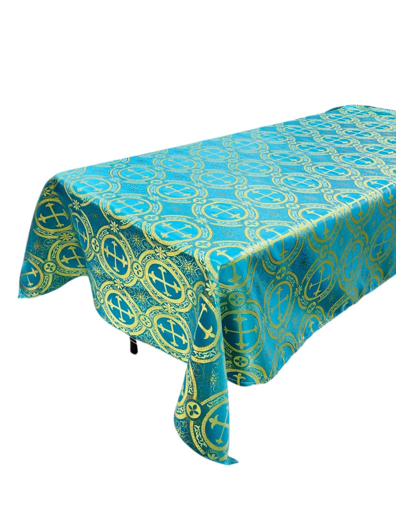 Cross Print Brocade Table Runners - Jacquard Religious Print Church Fabric Tablecloth Runners