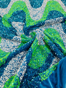 Wavy Line Design Velvet Sequins - Turquoise/White/ Lime - Velvet Sequins Fabric 2 Way Stretch 58"- 60" By Yard