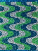 Wavy Line Design Velvet Sequins - Turquoise/White/ Lime - Velvet Sequins Fabric 2 Way Stretch 58"- 60" By Yard
