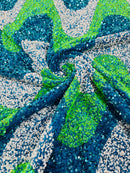 Wavy Line Design Velvet Sequins - Turquoise/White/ Lime - Velvet Sequins Fabric 2 Way Stretch 58"- 60" By Yard