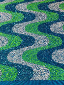 Wavy Line Design Velvet Sequins - Turquoise/White/ Lime - Velvet Sequins Fabric 2 Way Stretch 58"- 60" By Yard