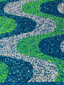 Wavy Line Design Velvet Sequins - Turquoise/White/ Lime - Velvet Sequins Fabric 2 Way Stretch 58"- 60" By Yard