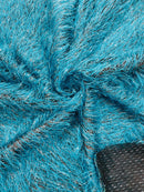 Metallic Fringe Eyelash / Feather - Turquoise / Silver - Embroidered Fabric with Hanging Details 2 Way Stretch By Yard