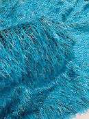 Metallic Fringe Eyelash / Feather - Turquoise / Silver - Embroidered Fabric with Hanging Details 2 Way Stretch By Yard