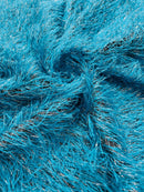Metallic Fringe Eyelash / Feather - Turquoise / Silver - Embroidered Fabric with Hanging Details 2 Way Stretch By Yard
