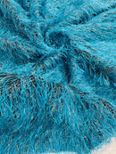 Metallic Fringe Eyelash / Feather - Turquoise / Silver - Embroidered Fabric with Hanging Details 2 Way Stretch By Yard