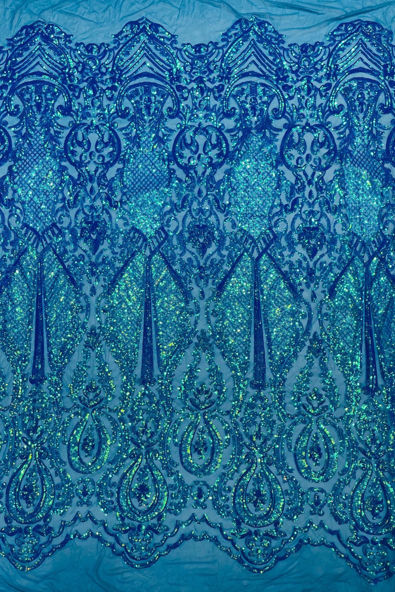 Damask Sequins Fabric - Turquoise - Shiny Sequin Design on 4 Way Stretch Black Mesh Fabric By Yard