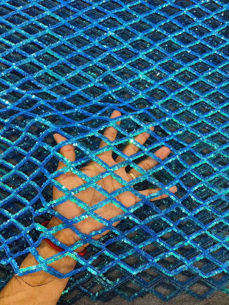 Diamond Net Sequins Fabric - Turquoise - Geometric Diamond Net Design on Mesh Lace Fabric By Yard