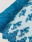 Floral Cluster Beaded Fabric - Turquoise - Embroidered Flower Beaded Fabric Sold By Yard