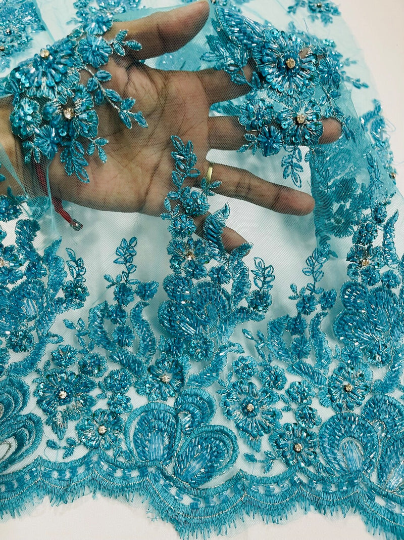 Beaded Rhinestone Fabric - Turquoise - Floral Rhinestone Beaded Design with Fancy Border Sold By Yard