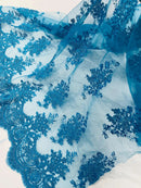 Damask Flower Lace Fabric - Turquoise - Damask Flowers Embroidered on Lace Fabric By Yard