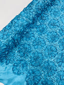 Sequins Satin Rosette Fabric - Turquoise - 3D Satin Rose Sequins Floral Fabric Sold By The Yard