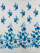 Floral 3D Pearl Fabric - Turquoise - Embroidered Single Border Flower Design Pearl Fabric By Yard