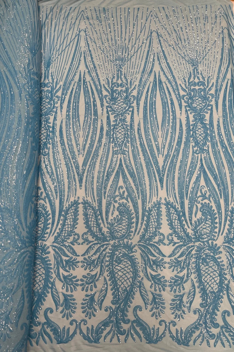 Paisley Lines Sequin Fabric - Turquoise - 4 Way Stretch Fancy Fabric By The Yard