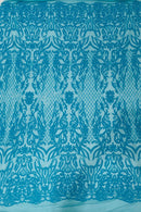 4 Way Stretch Fabric Design - Turquoise - Fancy Net Sequins Design Fabric By Yard