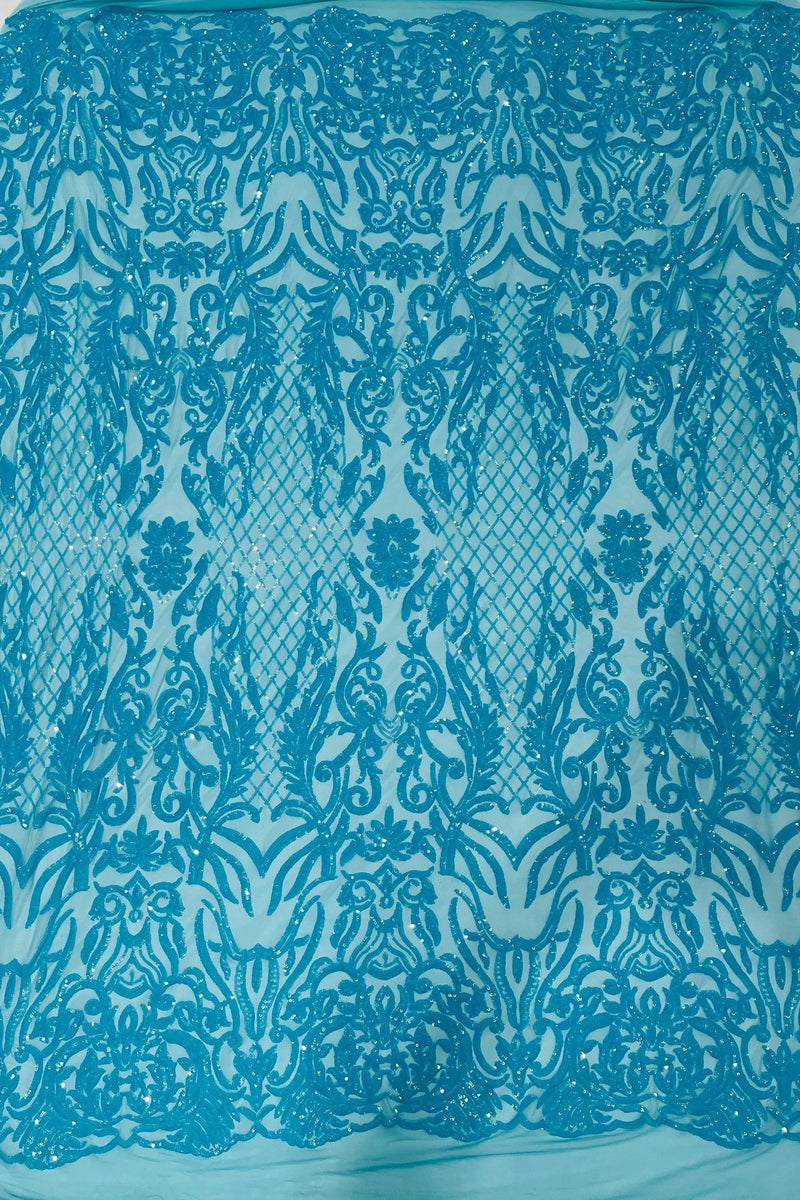 4 Way Stretch Fabric Design - Turquoise - Fancy Net Sequins Design Fabric By Yard