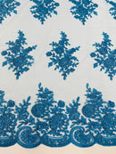 Flower Lace Sequins Fabric - Turquoise - Embroidered Floral Pattern Fabric with Sequins on Lace By Yard