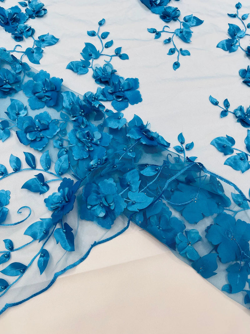 Floral 3D Pearl Fabric - Turquoise - Embroidered Double Border Flower Design Pearl Fabric By Yard