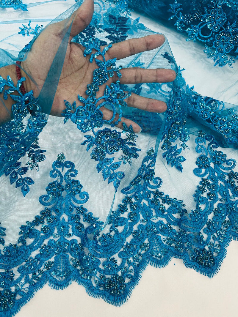 Floral Cluster Beaded Fabric - Turquoise - Embroidered Flower Beaded Fabric Sold By Yard