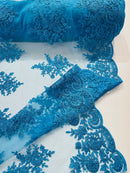 Flower Lace Sequins Fabric - Turquoise - Embroidered Floral Pattern Fabric with Sequins on Lace By Yard