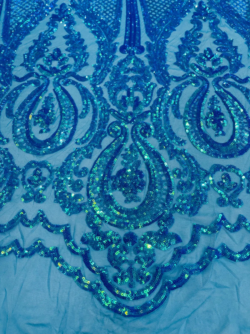 Damask Sequins Fabric - Turquoise - Shiny Sequin Design on 4 Way Stretch Black Mesh Fabric By Yard