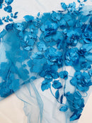 Floral 3D Pearl Fabric - Turquoise - Embroidered Single Border Flower Design Pearl Fabric By Yard