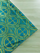 58/60" Cross Brocade Fabric - Turquoise - Religious Church Vestment Cross Jacquard Fabric By Yard