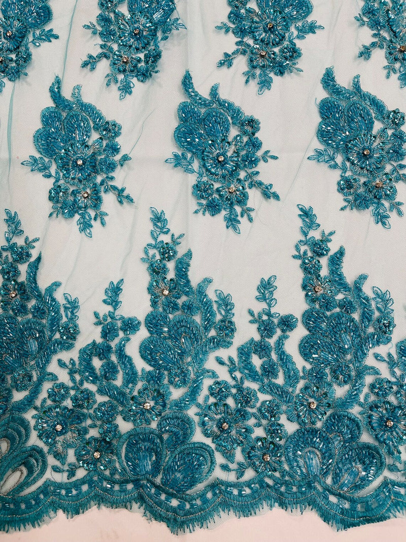 Beaded Rhinestone Fabric - Turquoise - Floral Rhinestone Beaded Design with Fancy Border Sold By Yard