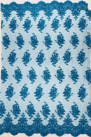 Damask Flower Lace Fabric - Turquoise - Damask Flowers Embroidered on Lace Fabric By Yard