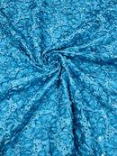 Sequins Satin Rosette Fabric - Turquoise - 3D Satin Rose Sequins Floral Fabric Sold By The Yard