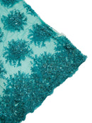 Floral Beaded Gaviota Fabric - Turquoise - Beaded Floral Design Embroidered On Mesh Sold By Yard
