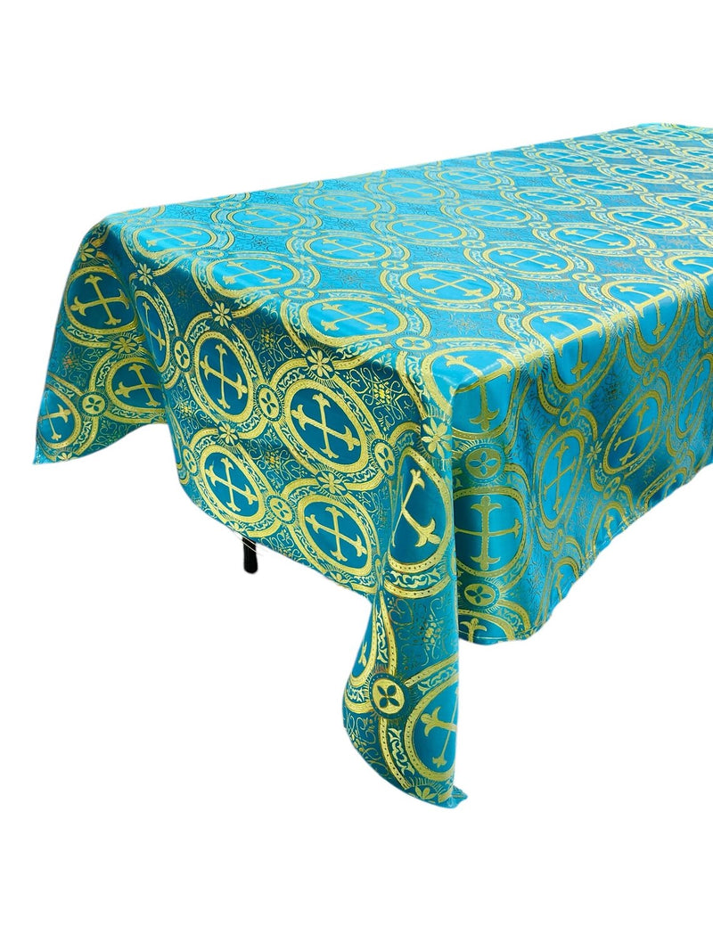 Cross Print Brocade Tablecloth - Jacquard Religious Print Church Fabric Table Covers