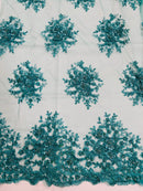 Floral Beaded Gaviota Fabric - Turquoise - Beaded Floral Design Embroidered On Mesh Sold By Yard
