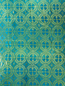 58/60" Cross Brocade Fabric - Turquoise - Religious Church Vestment Cross Jacquard Fabric By Yard