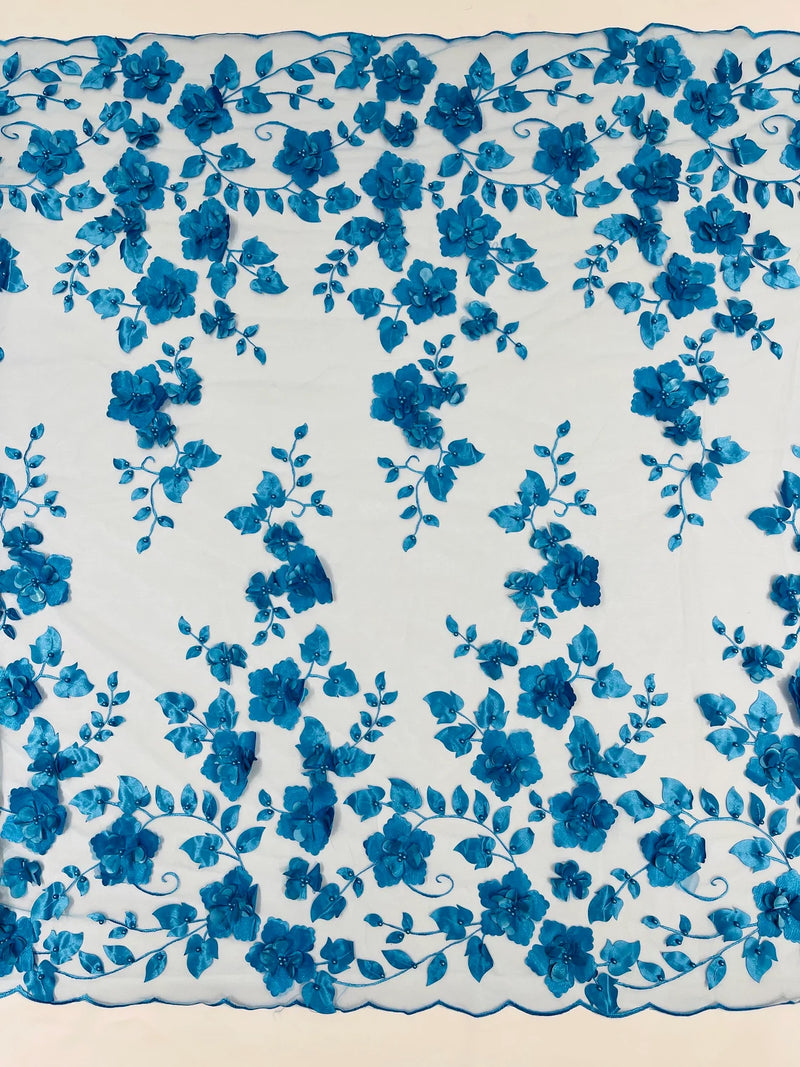 Floral 3D Pearl Fabric - Turquoise - Embroidered Double Border Flower Design Pearl Fabric By Yard