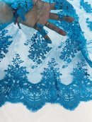 Damask Flower Lace Fabric - Turquoise - Damask Flowers Embroidered on Lace Fabric By Yard