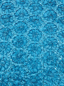 Sequins Satin Rosette Fabric - Turquoise - 3D Satin Rose Sequins Floral Fabric Sold By The Yard