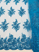 Flower Lace Sequins Fabric - Turquoise - Embroidered Floral Pattern Fabric with Sequins on Lace By Yard