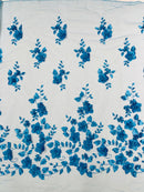 Floral 3D Pearl Fabric - Turquoise - Embroidered Single Border Flower Design Pearl Fabric By Yard