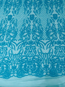 4 Way Stretch Fabric Design - Turquoise - Fancy Net Sequins Design Fabric By Yard