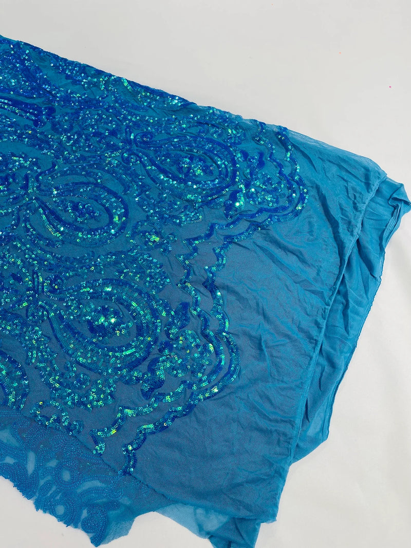 Damask Sequins Fabric - Turquoise - Shiny Sequin Design on 4 Way Stretch Black Mesh Fabric By Yard