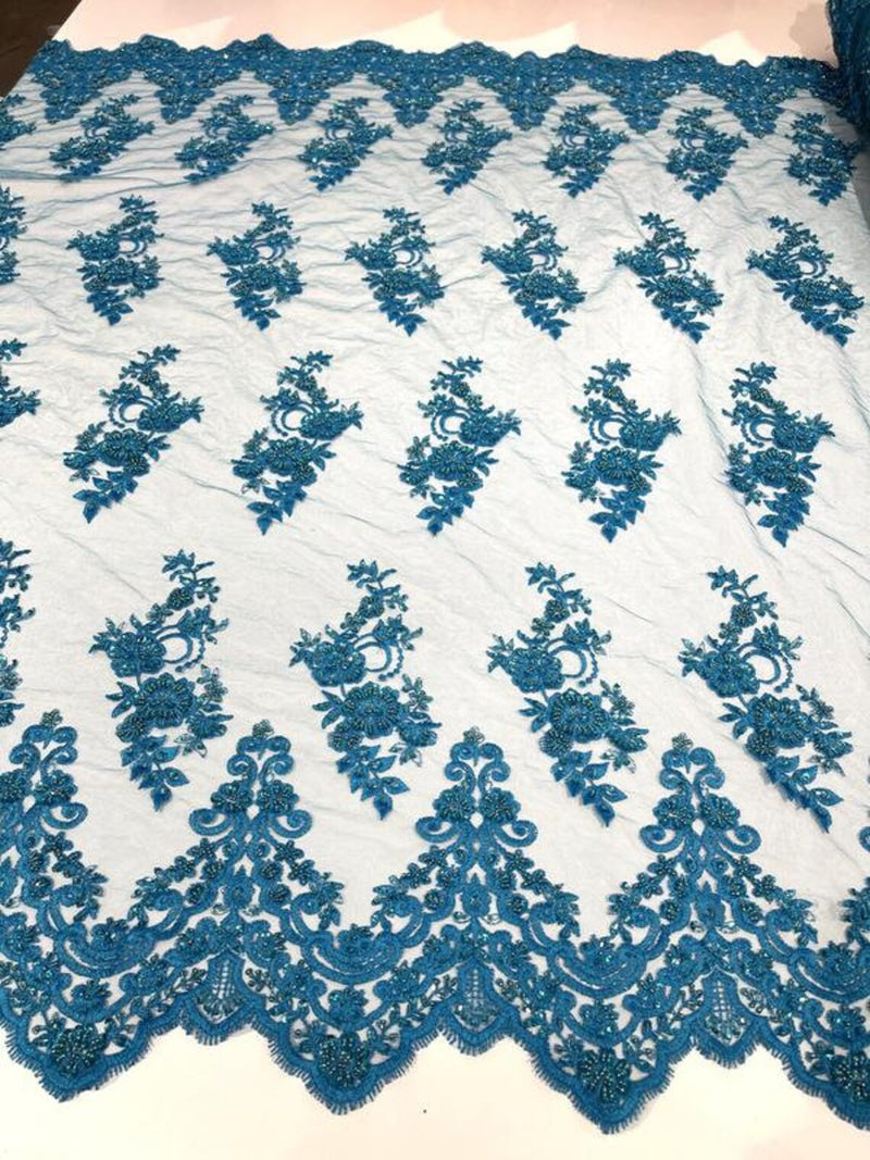 Floral Cluster Beaded Fabric - Turquoise - Embroidered Flower Beaded Fabric Sold By Yard