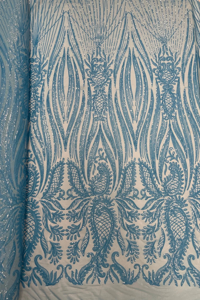 Paisley Lines Sequin Fabric - Turquoise - 4 Way Stretch Fancy Fabric By The Yard