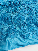Sequins Satin Rosette Fabric - Turquoise - 3D Satin Rose Sequins Floral Fabric Sold By The Yard